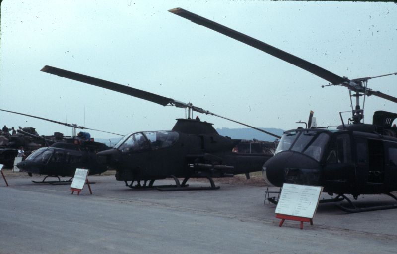 <p>Helicopters, left to right: LOACH(?), Cobra, Huey.</p>