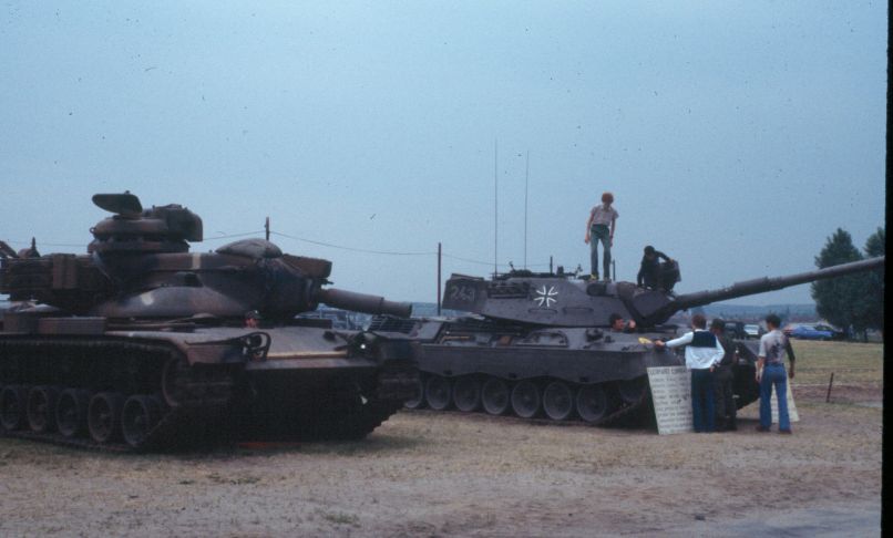<p>Sheridan tank, foreground, German Leopard tank, rear.</p>